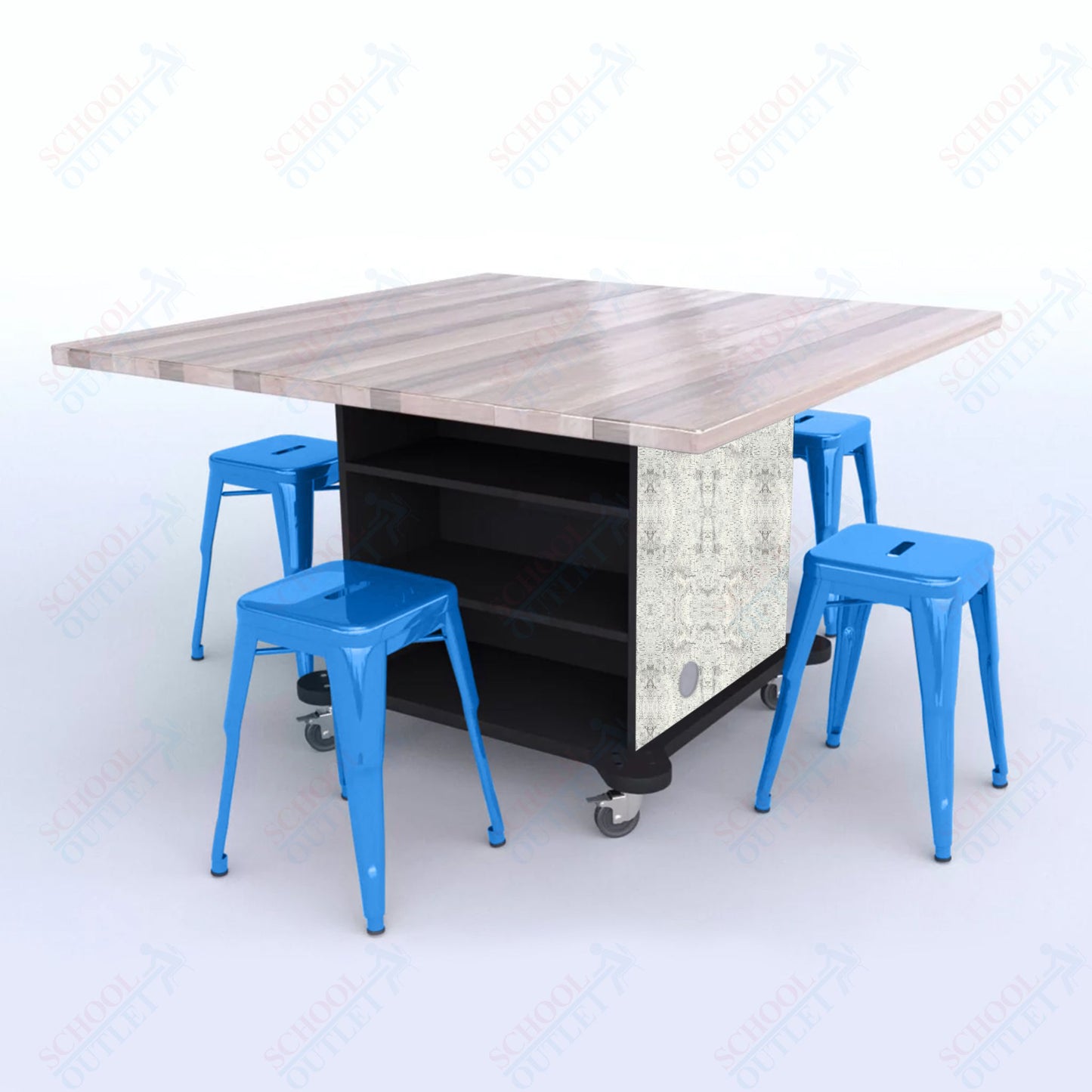 CEF Creation Cube Double-Sided Storage Table - 30"H, Square Butcher Block Top, High-Pressure Laminate Base and 4 Metal Stools Included