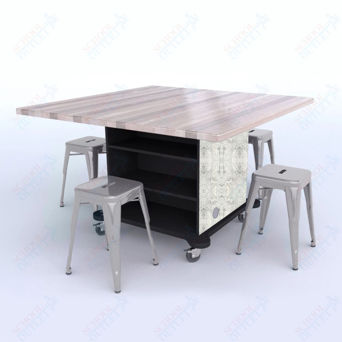 CEF Creation Cube Double-Sided Storage Table - 30"H, Square Butcher Block Top, High-Pressure Laminate Base and 4 Metal Stools Included