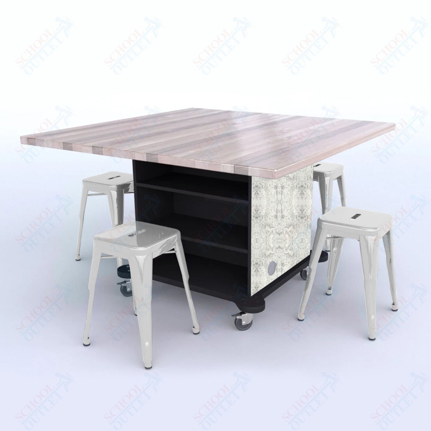 CEF Creation Cube Double-Sided Storage Table - 30"H, Square Butcher Block Top, High-Pressure Laminate Base and 4 Metal Stools Included