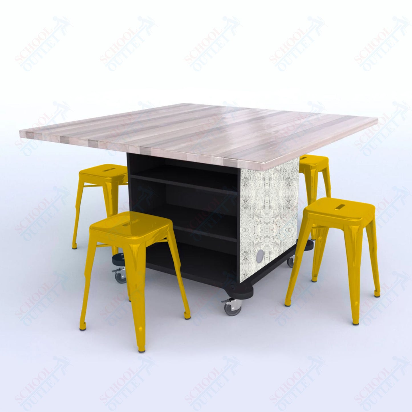 CEF Creation Cube Double-Sided Storage Table - 30"H, Square Butcher Block Top, High-Pressure Laminate Base and 4 Metal Stools Included
