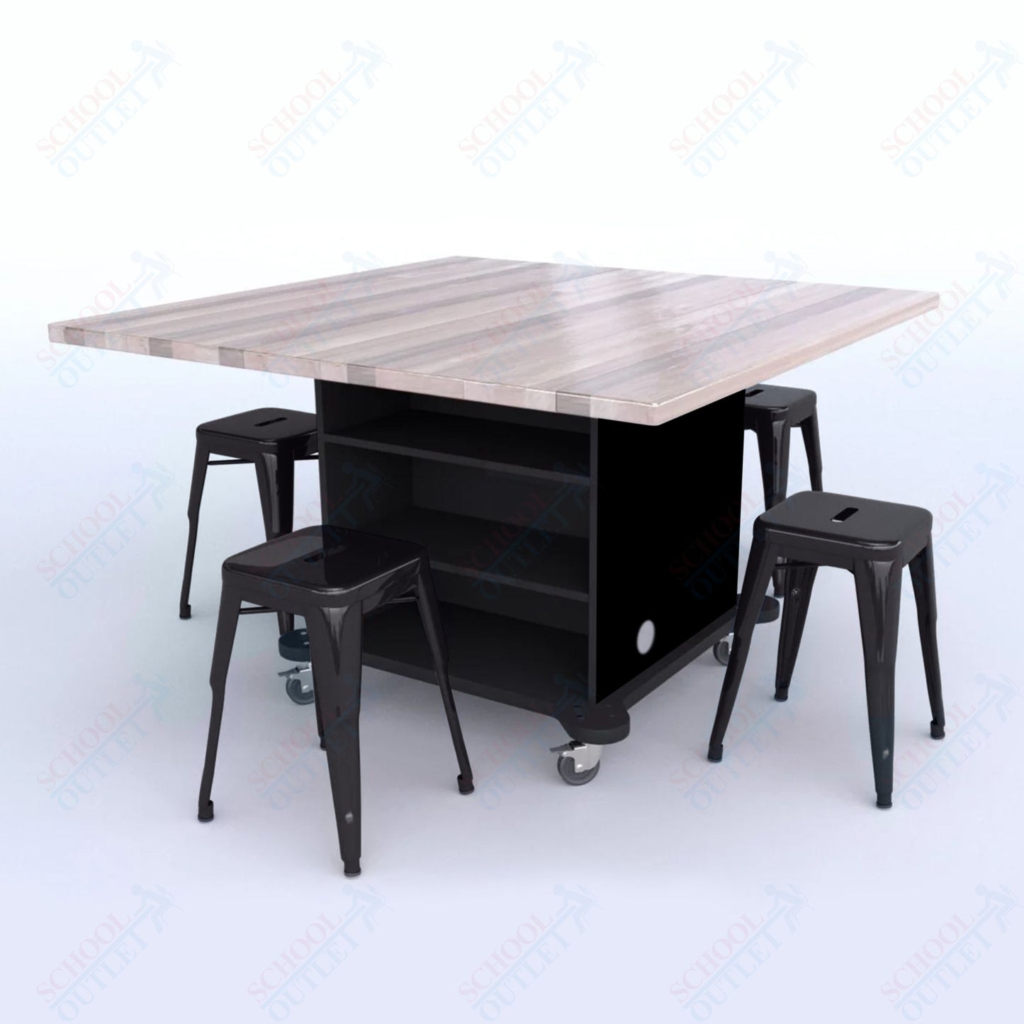 CEF Creation Cube Double-Sided Storage Table - 30"H, Square Butcher Block Top, High-Pressure Laminate Base and 4 Metal Stools Included
