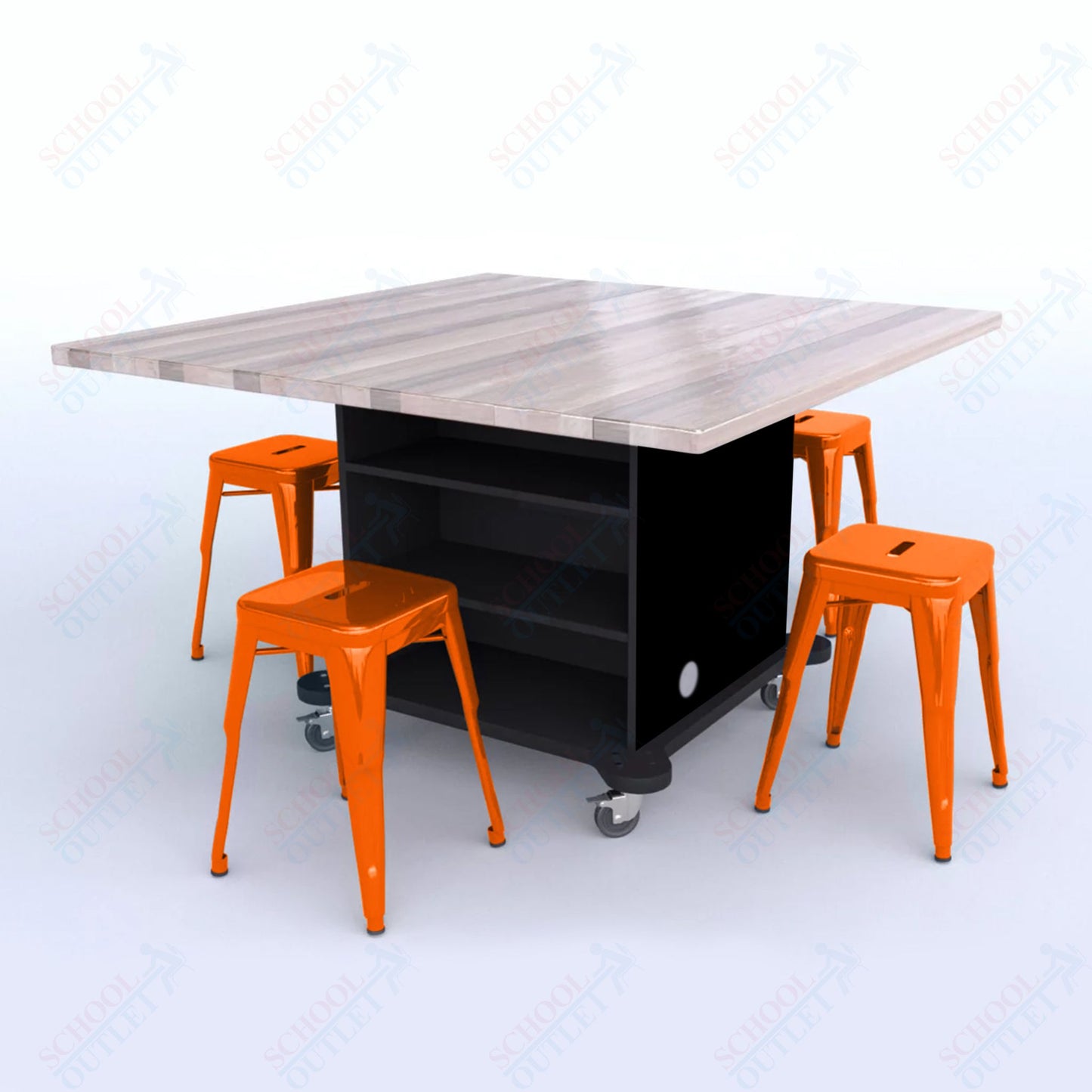 CEF Creation Cube Double-Sided Storage Table - 30"H, Square Butcher Block Top, High-Pressure Laminate Base and 4 Metal Stools Included