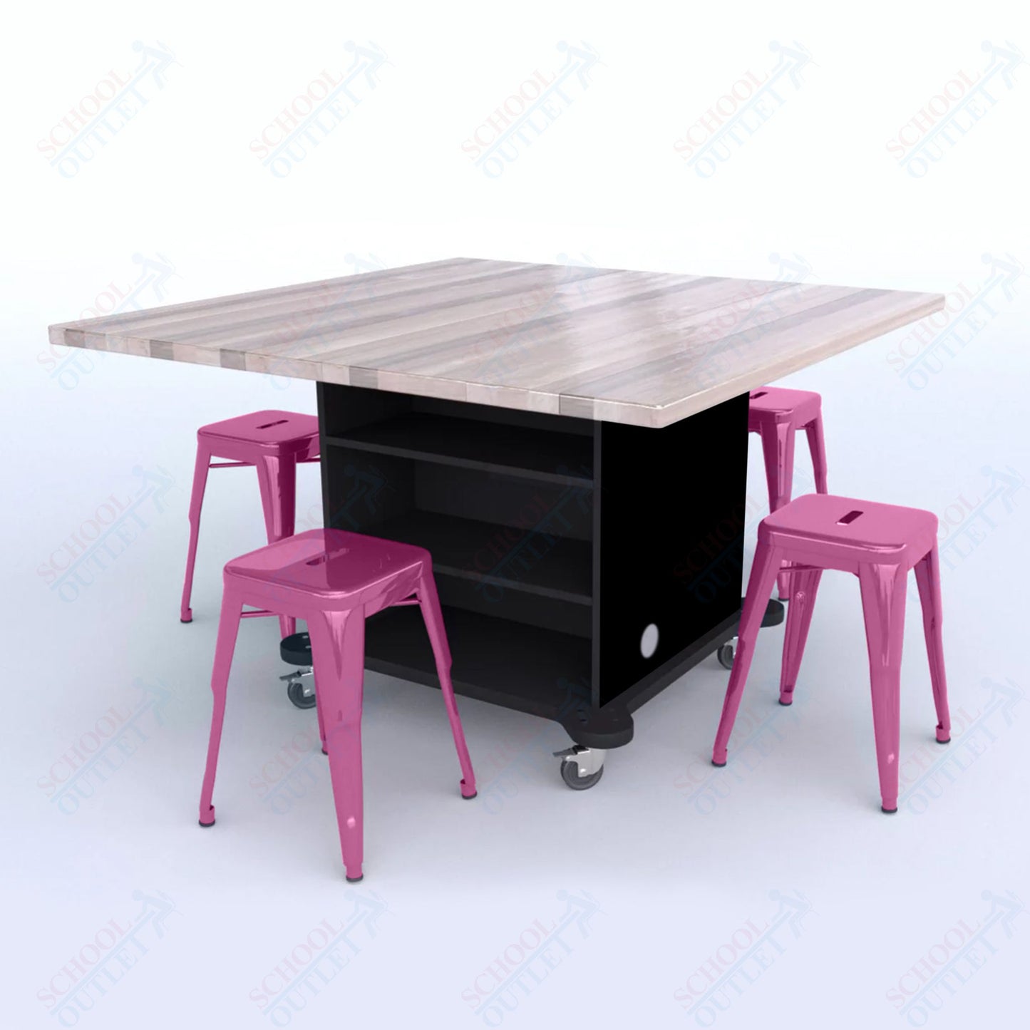 CEF Creation Cube Double-Sided Storage Table - 30"H, Square Butcher Block Top, High-Pressure Laminate Base and 4 Metal Stools Included