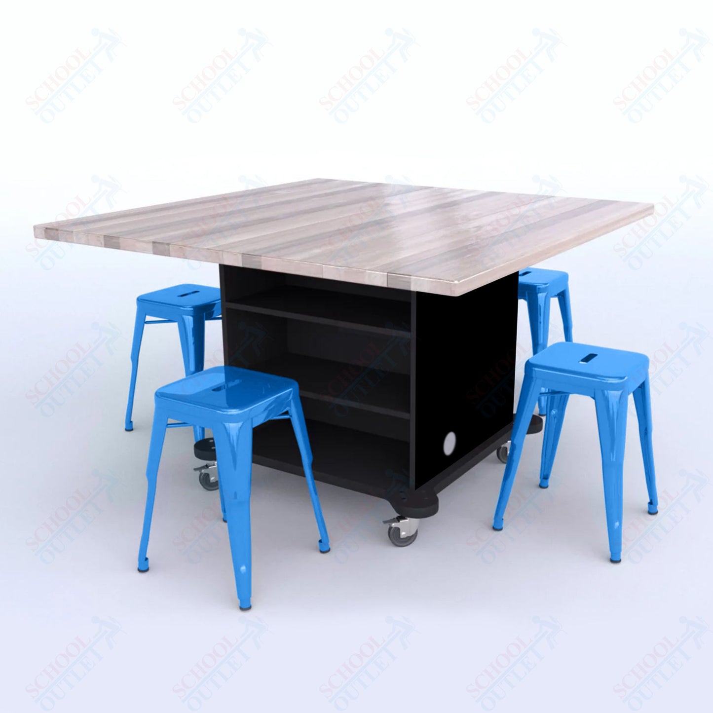 CEF Creation Cube Double-Sided Storage Table - 30"H, Square Butcher Block Top, High-Pressure Laminate Base and 4 Metal Stools Included