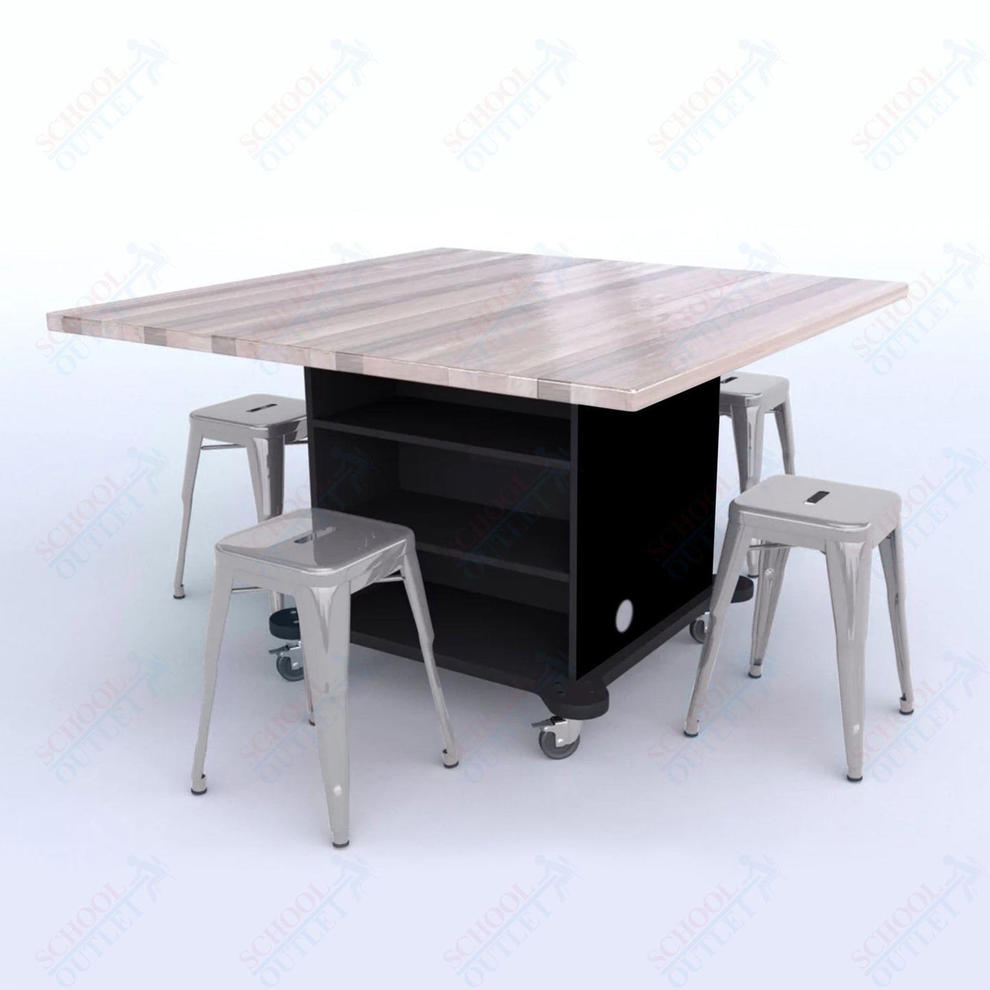 CEF Creation Cube Double-Sided Storage Table - 30"H, Square Butcher Block Top, High-Pressure Laminate Base and 4 Metal Stools Included