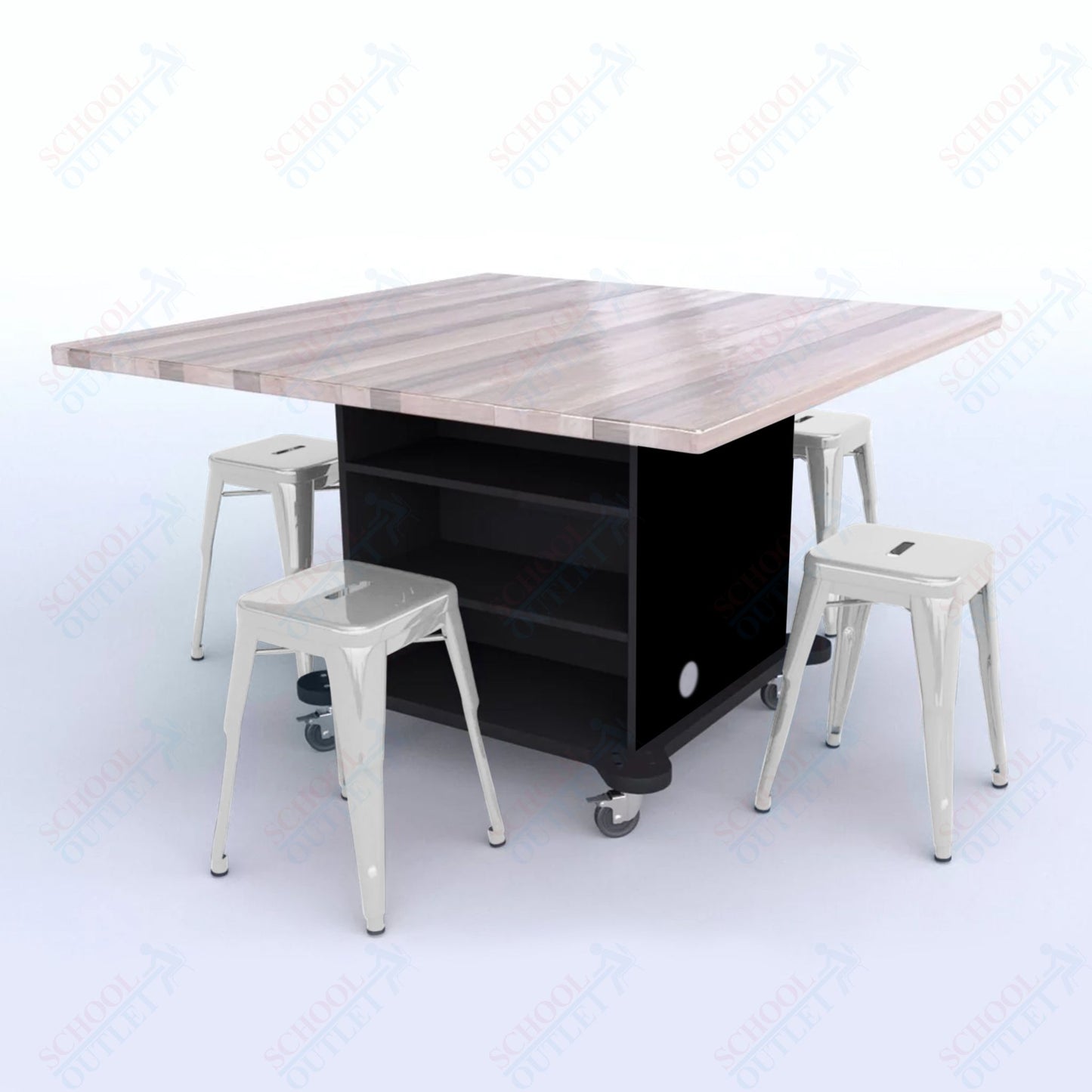 CEF Creation Cube Double-Sided Storage Table - 30"H, Square Butcher Block Top, High-Pressure Laminate Base and 4 Metal Stools Included