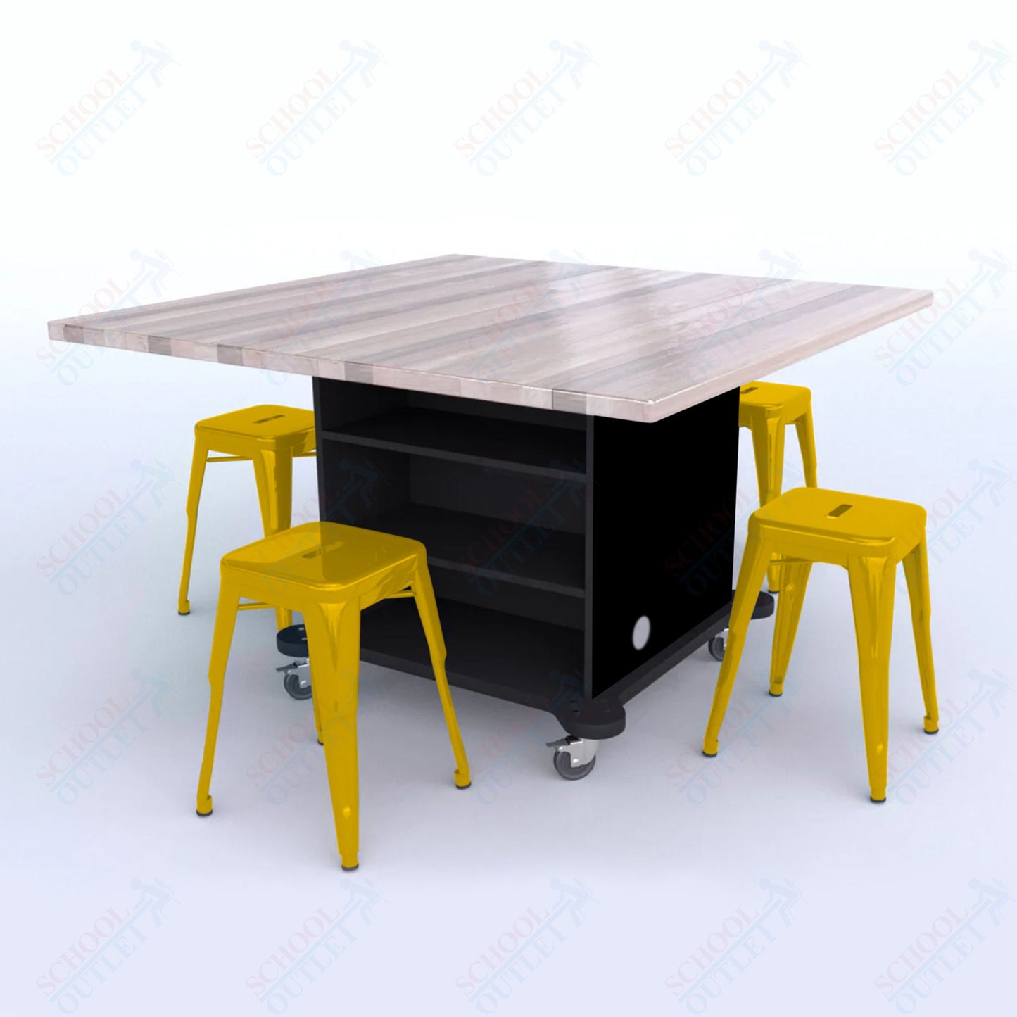 CEF Creation Cube Double-Sided Storage Table - 30"H, Square Butcher Block Top, High-Pressure Laminate Base and 4 Metal Stools Included