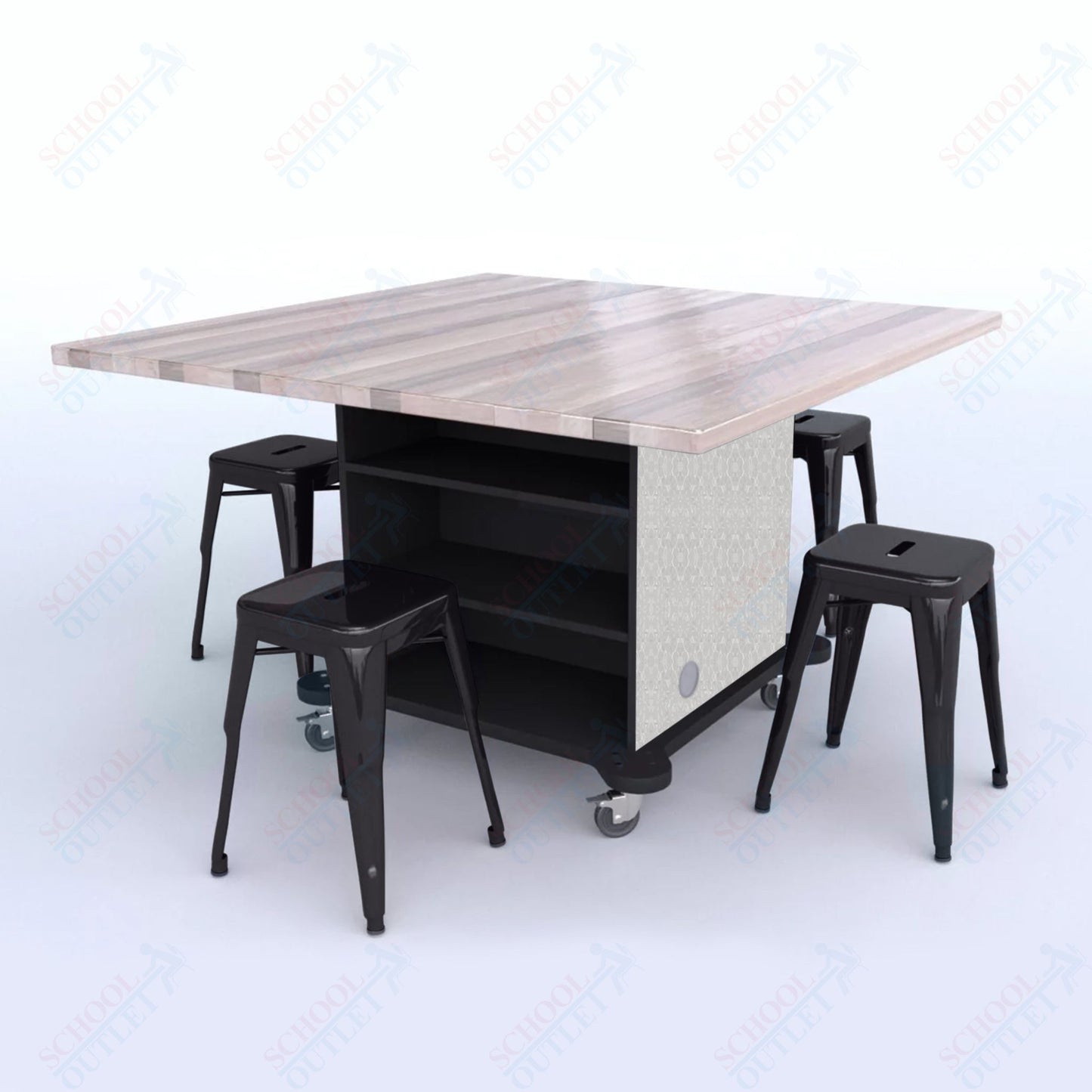 CEF Creation Cube Double-Sided Storage Table - 30"H, Square Butcher Block Top, High-Pressure Laminate Base and 4 Metal Stools Included