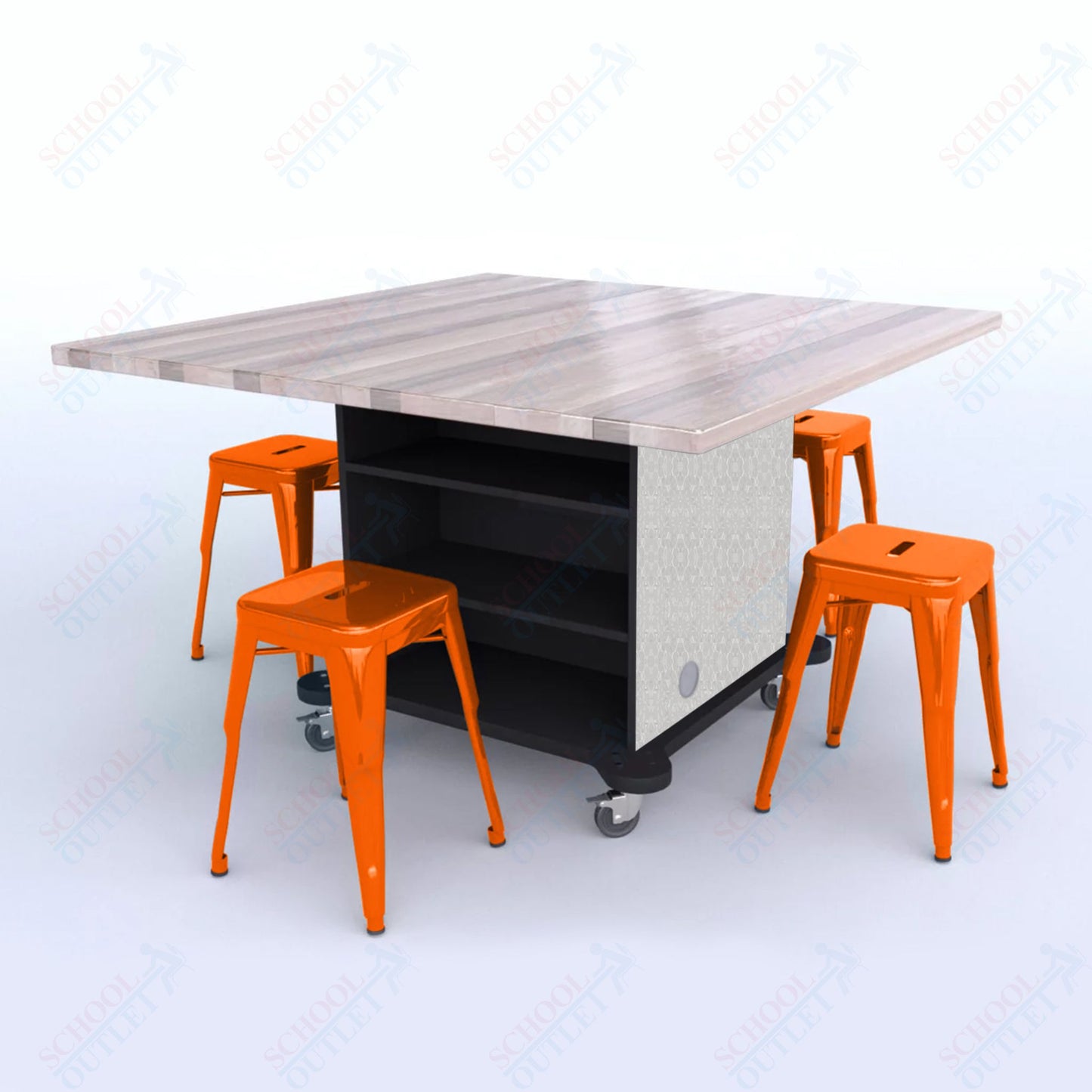 CEF Creation Cube Double-Sided Storage Table - 30"H, Square Butcher Block Top, High-Pressure Laminate Base and 4 Metal Stools Included