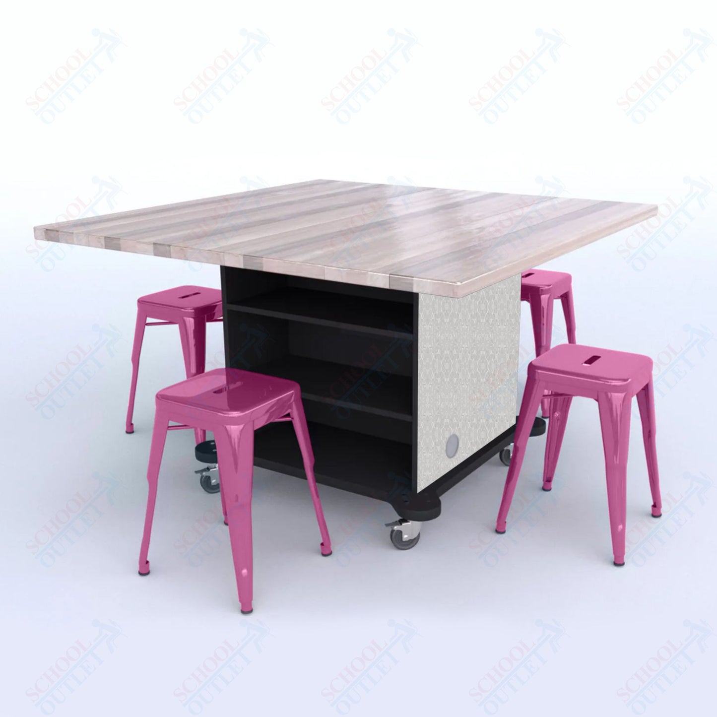 CEF Creation Cube Double-Sided Storage Table - 30"H, Square Butcher Block Top, High-Pressure Laminate Base and 4 Metal Stools Included
