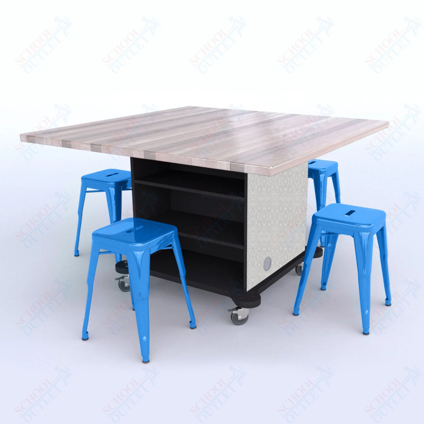 CEF Creation Cube Double-Sided Storage Table - 30"H, Square Butcher Block Top, High-Pressure Laminate Base and 4 Metal Stools Included