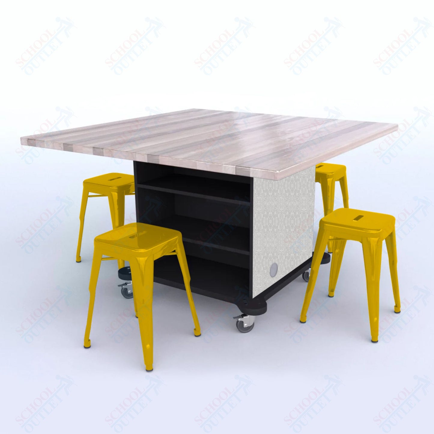 CEF Creation Cube Double-Sided Storage Table - 30"H, Square Butcher Block Top, High-Pressure Laminate Base and 4 Metal Stools Included