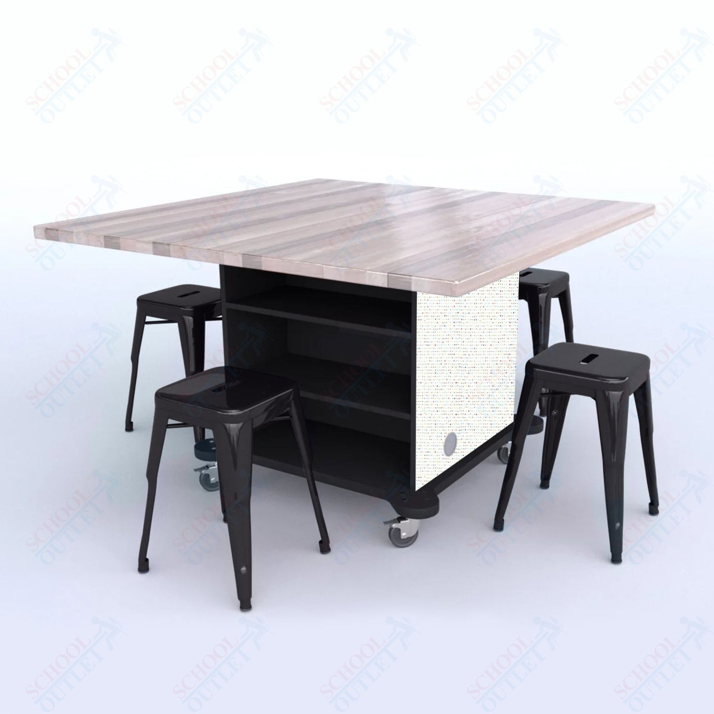 CEF Creation Cube Double-Sided Storage Table - 30"H, Square Butcher Block Top, High-Pressure Laminate Base and 4 Metal Stools Included