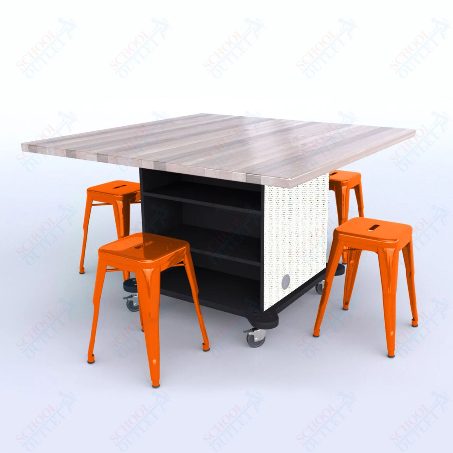 CEF Creation Cube Double-Sided Storage Table - 30"H, Square Butcher Block Top, High-Pressure Laminate Base and 4 Metal Stools Included