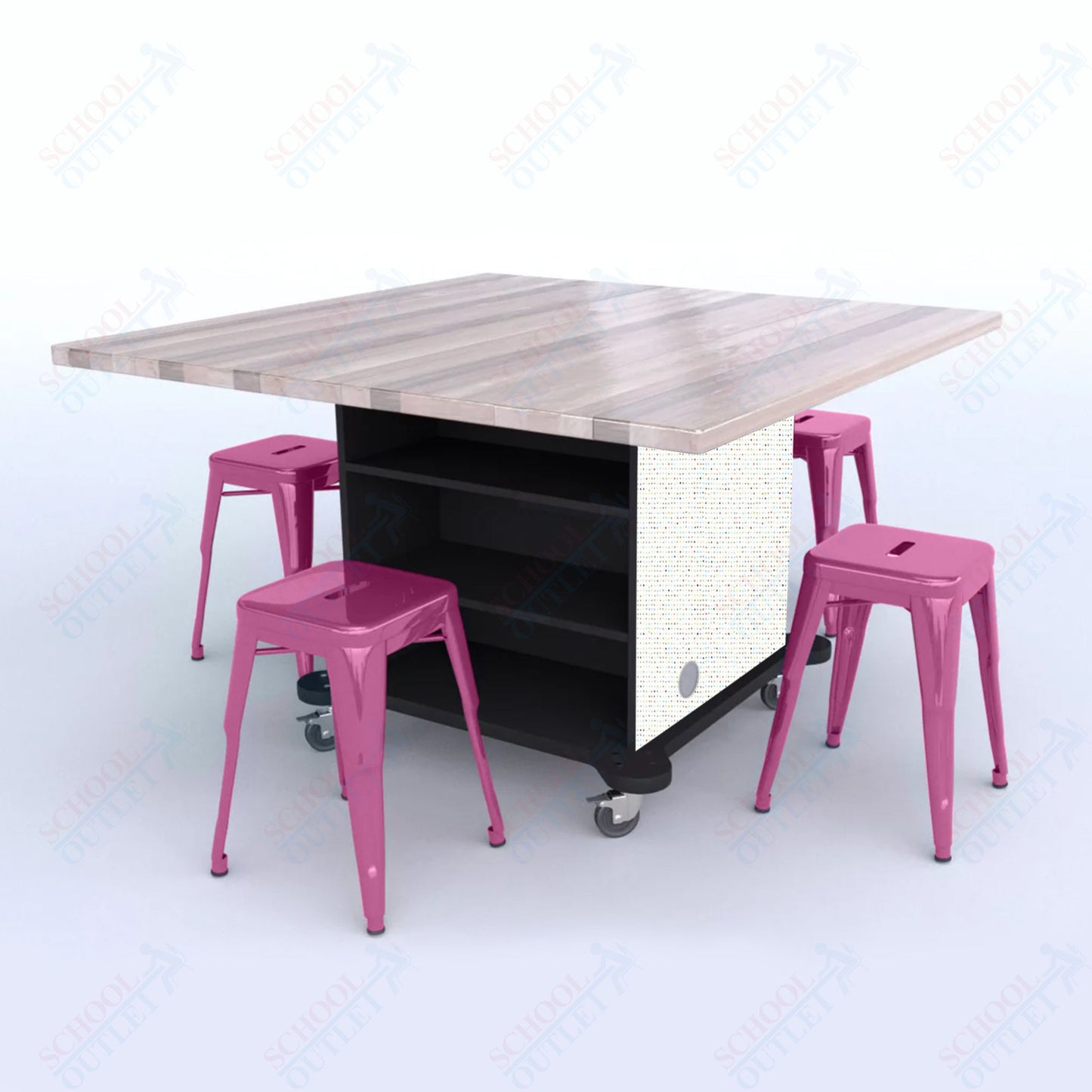 CEF Creation Cube Double-Sided Storage Table - 30"H, Square Butcher Block Top, High-Pressure Laminate Base and 4 Metal Stools Included