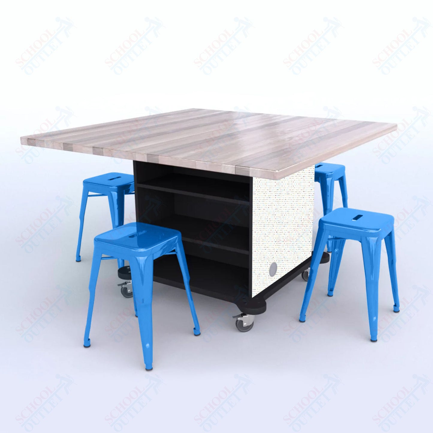 CEF Creation Cube Double-Sided Storage Table - 30"H, Square Butcher Block Top, High-Pressure Laminate Base and 4 Metal Stools Included