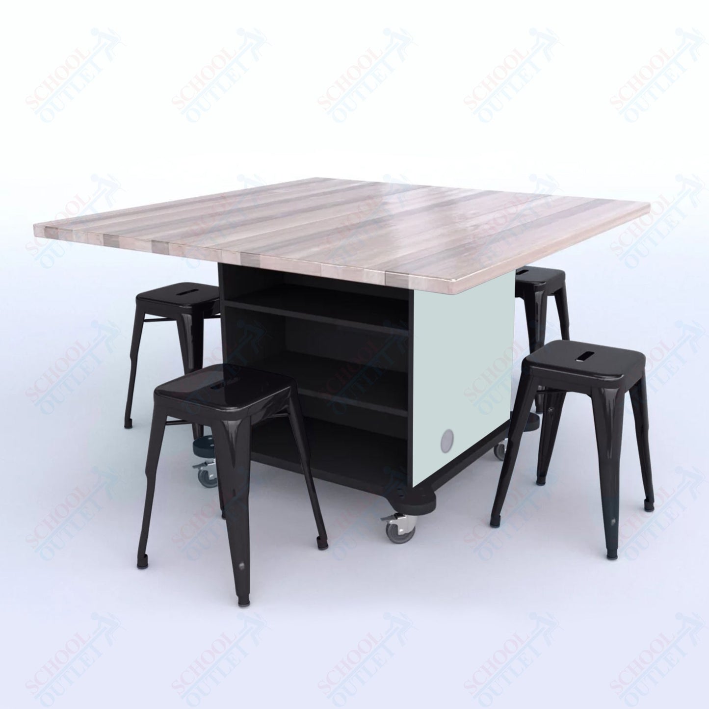 CEF Creation Cube Double-Sided Storage Table - 30"H, Square Butcher Block Top, High-Pressure Laminate Base and 4 Metal Stools Included