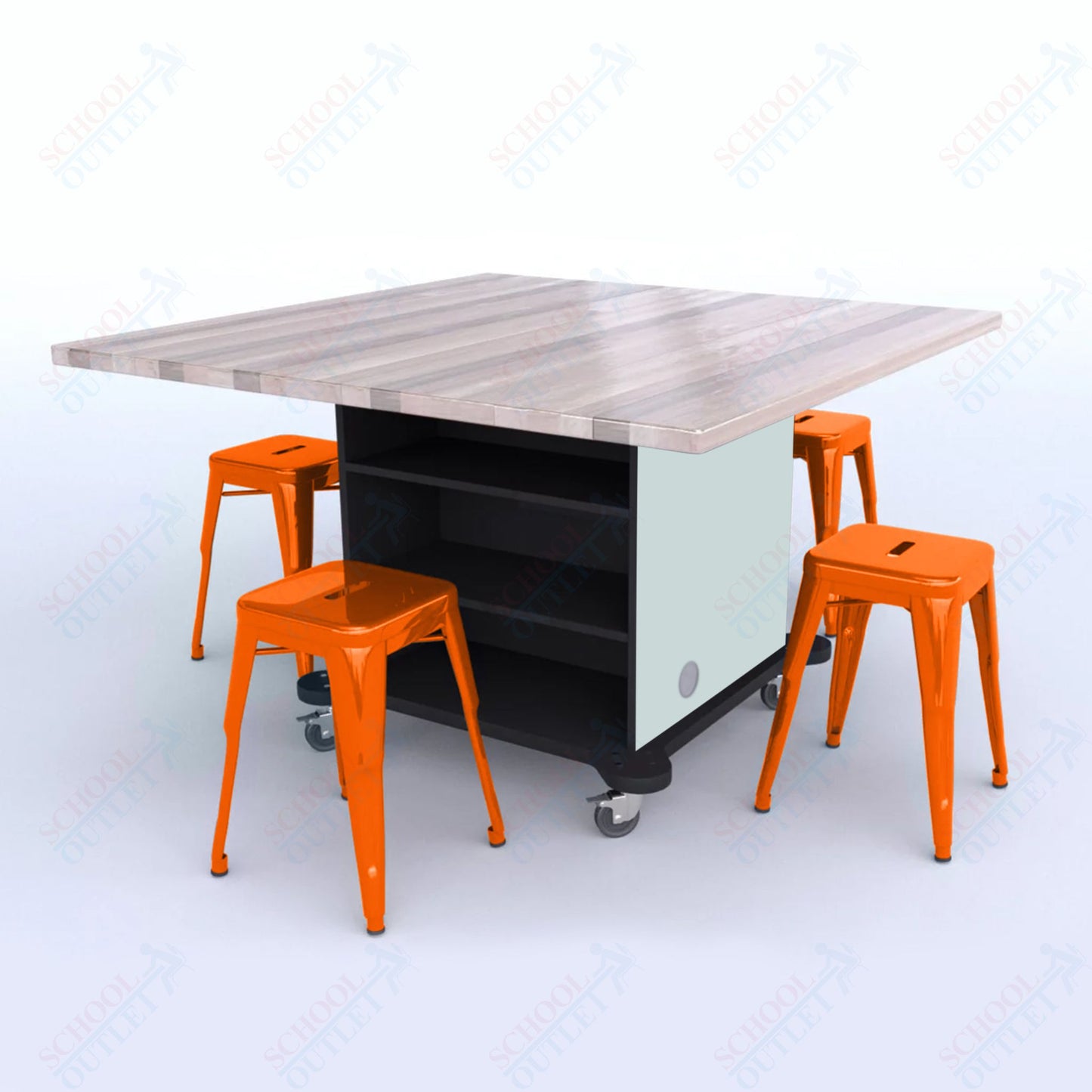 CEF Creation Cube Double-Sided Storage Table - 30"H, Square Butcher Block Top, High-Pressure Laminate Base and 4 Metal Stools Included
