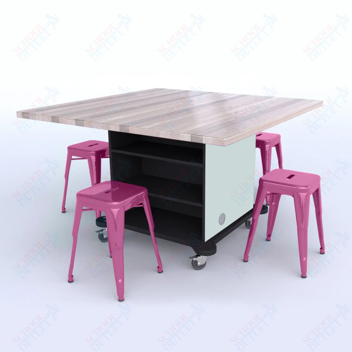 CEF Creation Cube Double-Sided Storage Table - 30"H, Square Butcher Block Top, High-Pressure Laminate Base and 4 Metal Stools Included