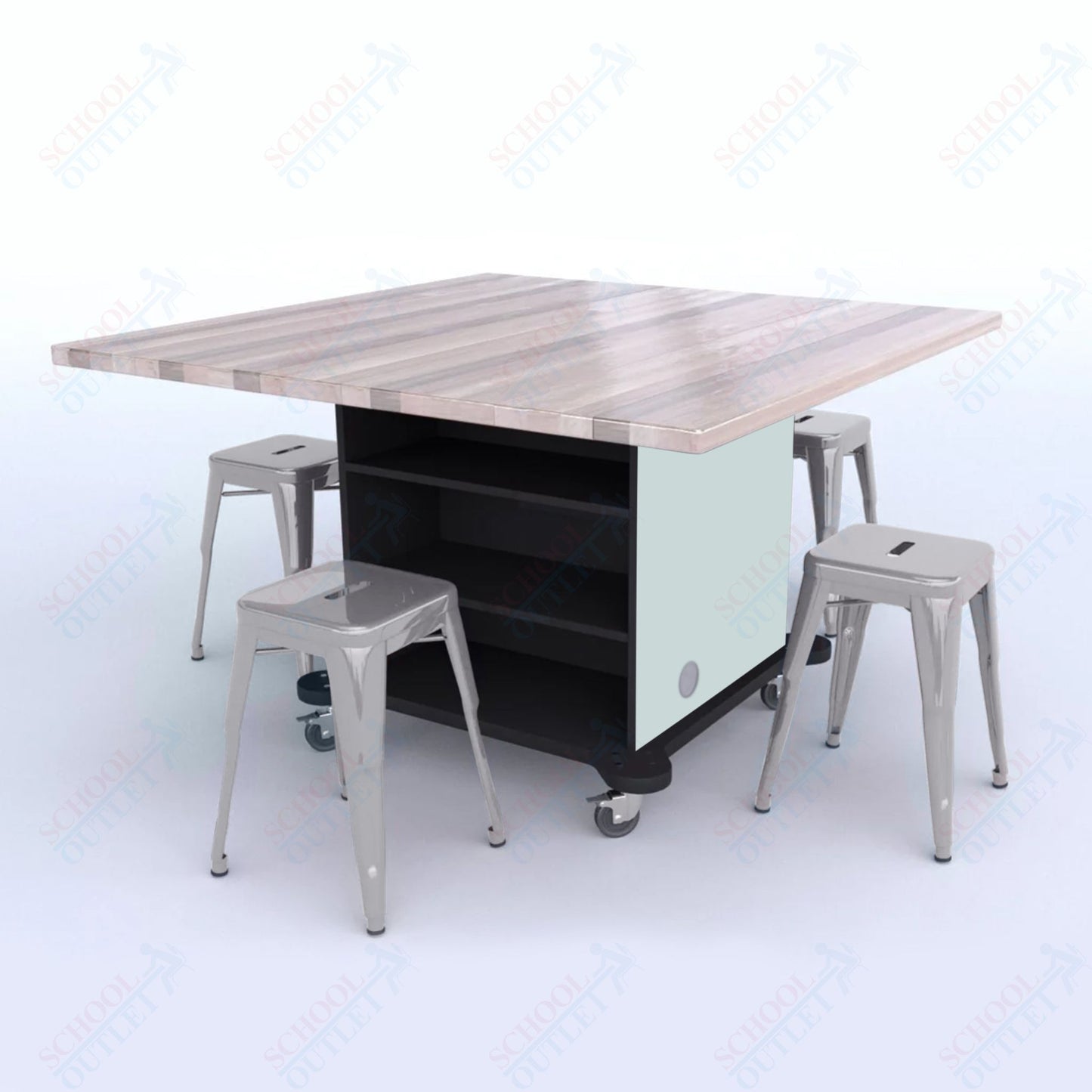 CEF Creation Cube Double-Sided Storage Table - 30"H, Square Butcher Block Top, High-Pressure Laminate Base and 4 Metal Stools Included