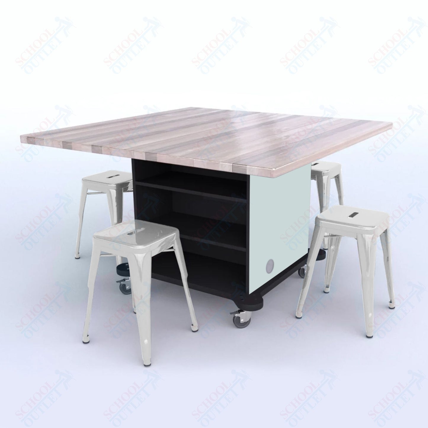 CEF Creation Cube Double-Sided Storage Table - 30"H, Square Butcher Block Top, High-Pressure Laminate Base and 4 Metal Stools Included