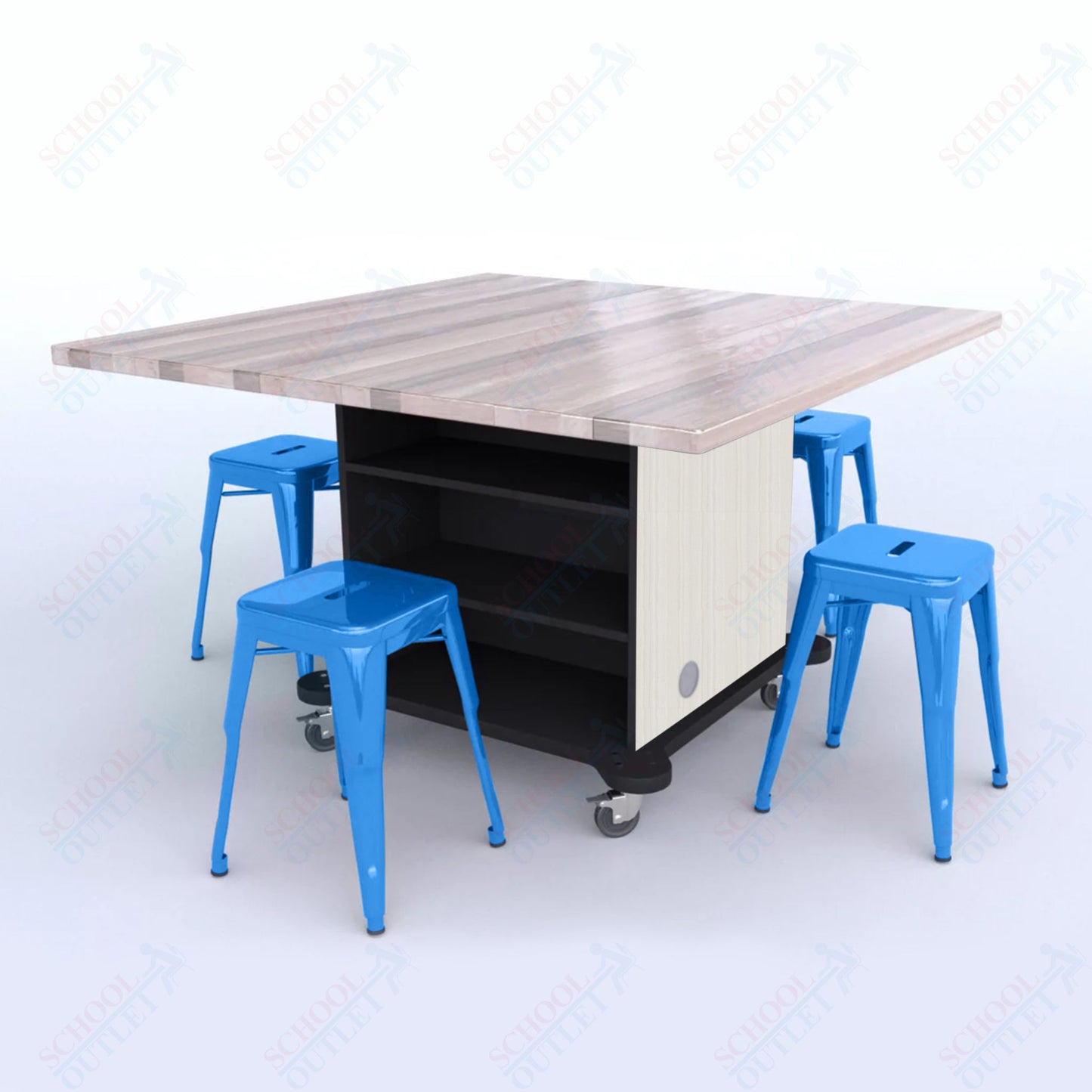 CEF Creation Cube Double-Sided Storage Table - 30"H, Square Butcher Block Top, High-Pressure Laminate Base and 4 Metal Stools Included