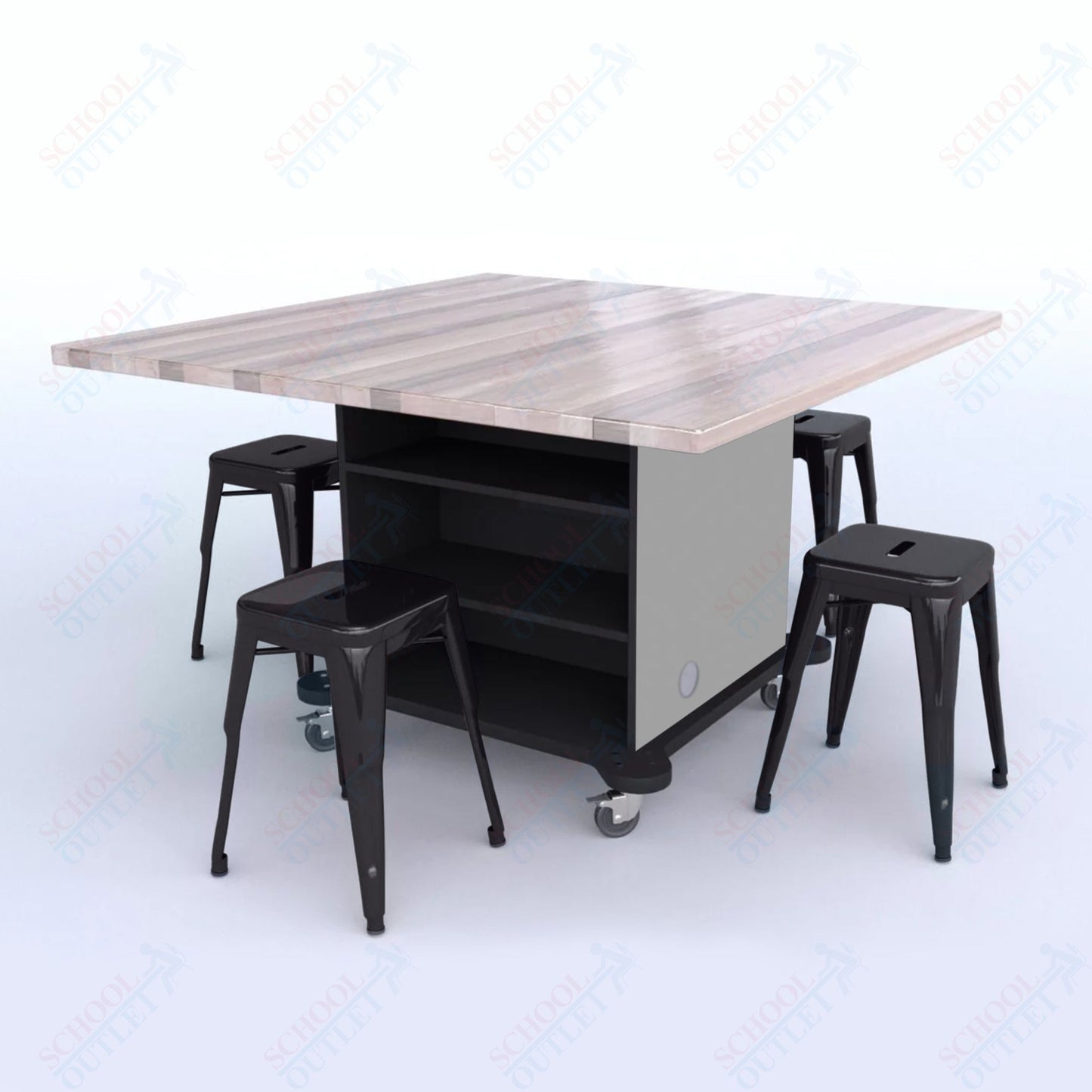 CEF Creation Cube Double-Sided Storage Table - 30"H, Square Butcher Block Top, High-Pressure Laminate Base and 4 Metal Stools Included