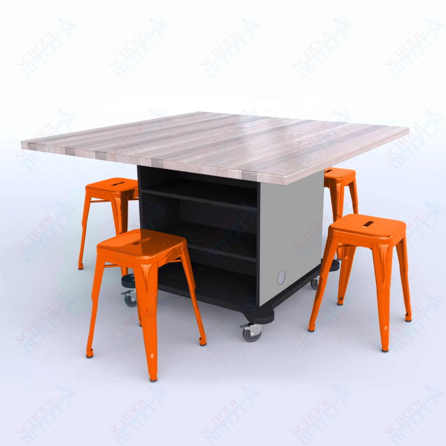 CEF Creation Cube Double-Sided Storage Table - 30"H, Square Butcher Block Top, High-Pressure Laminate Base and 4 Metal Stools Included