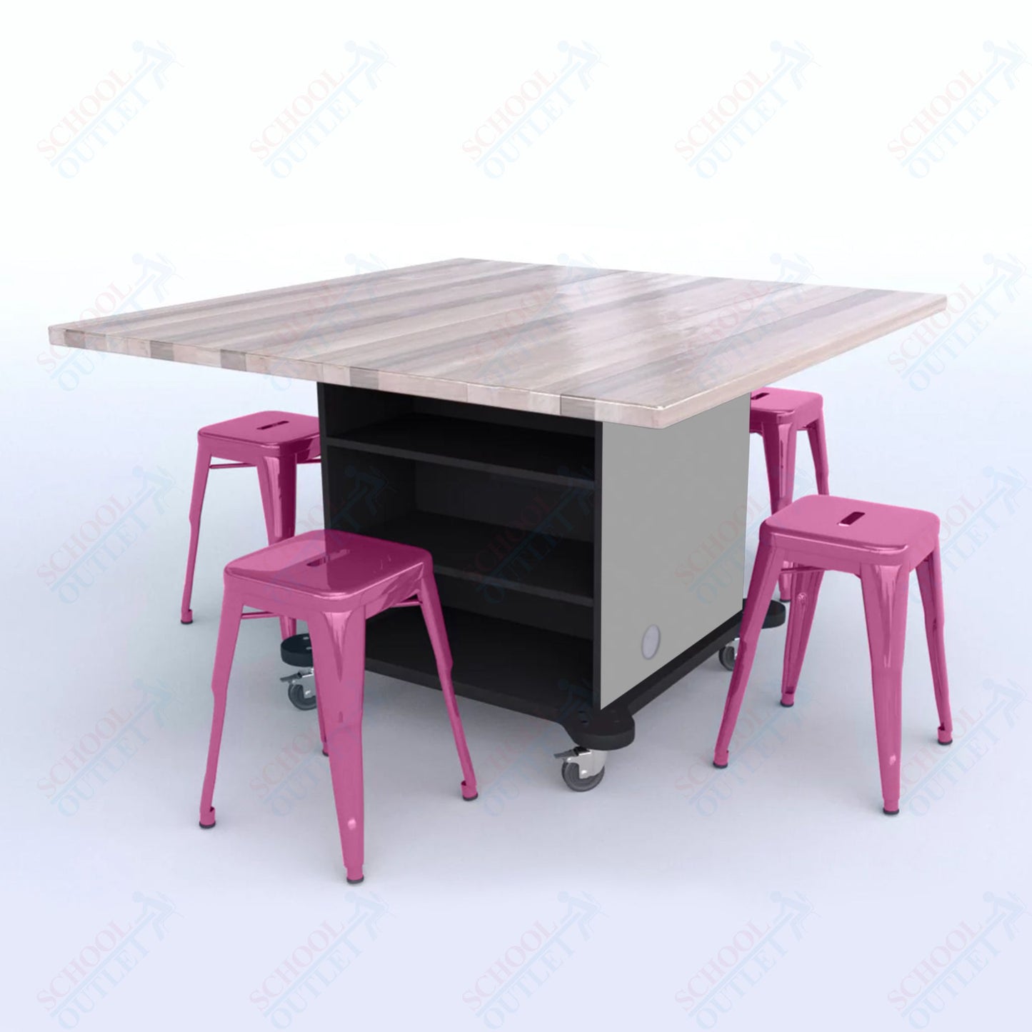 CEF Creation Cube Double-Sided Storage Table - 30"H, Square Butcher Block Top, High-Pressure Laminate Base and 4 Metal Stools Included