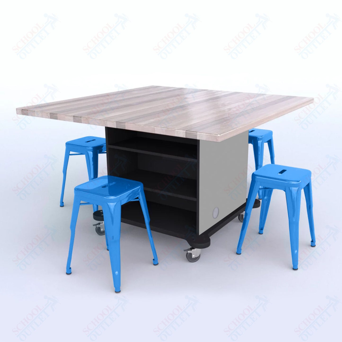 CEF Creation Cube Double-Sided Storage Table - 30"H, Square Butcher Block Top, High-Pressure Laminate Base and 4 Metal Stools Included
