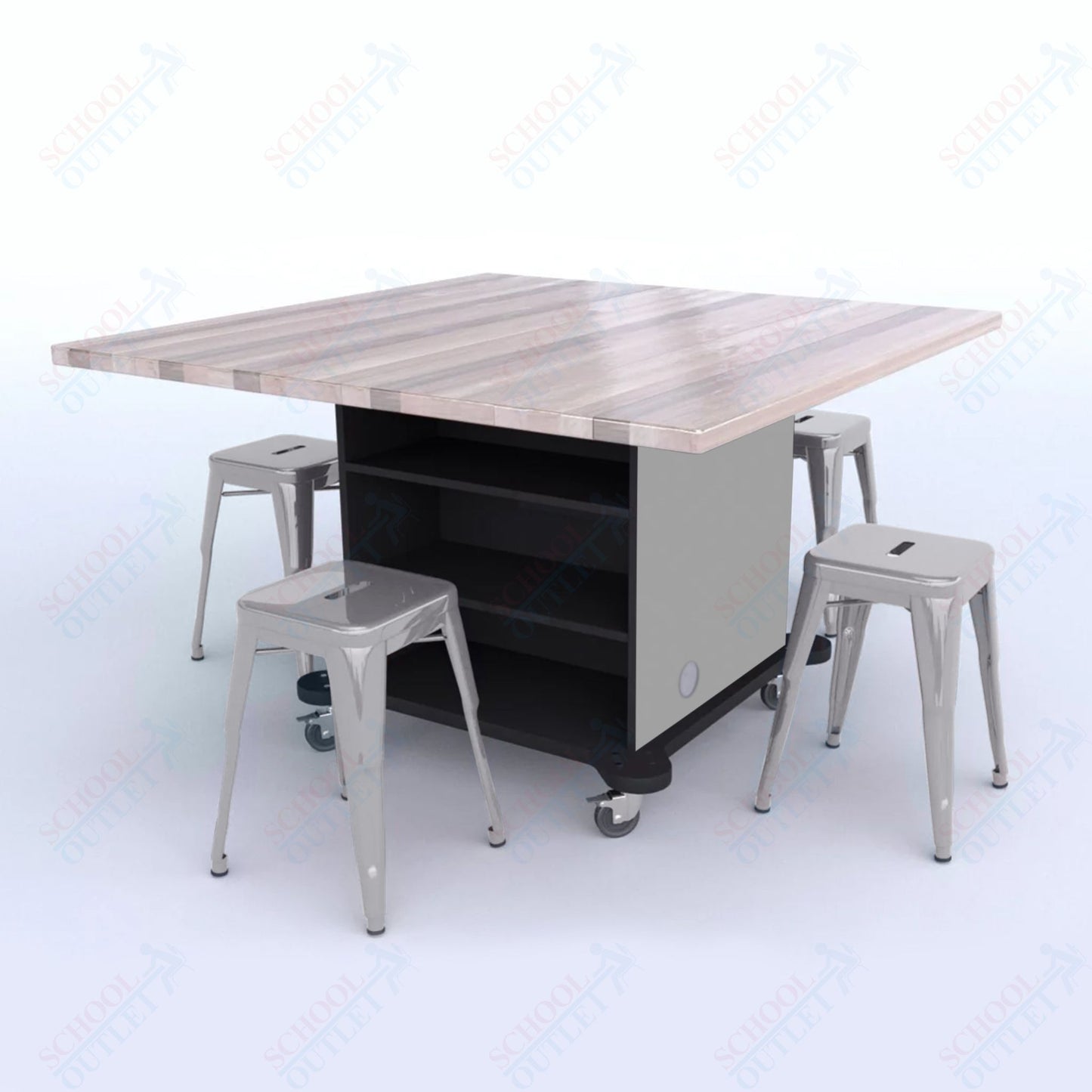 CEF Creation Cube Double-Sided Storage Table - 30"H, Square Butcher Block Top, High-Pressure Laminate Base and 4 Metal Stools Included