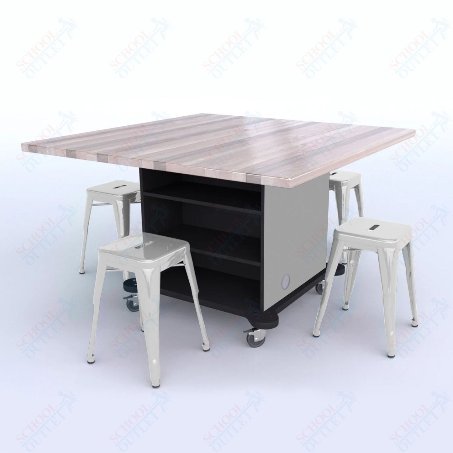 CEF Creation Cube Double-Sided Storage Table - 30"H, Square Butcher Block Top, High-Pressure Laminate Base and 4 Metal Stools Included