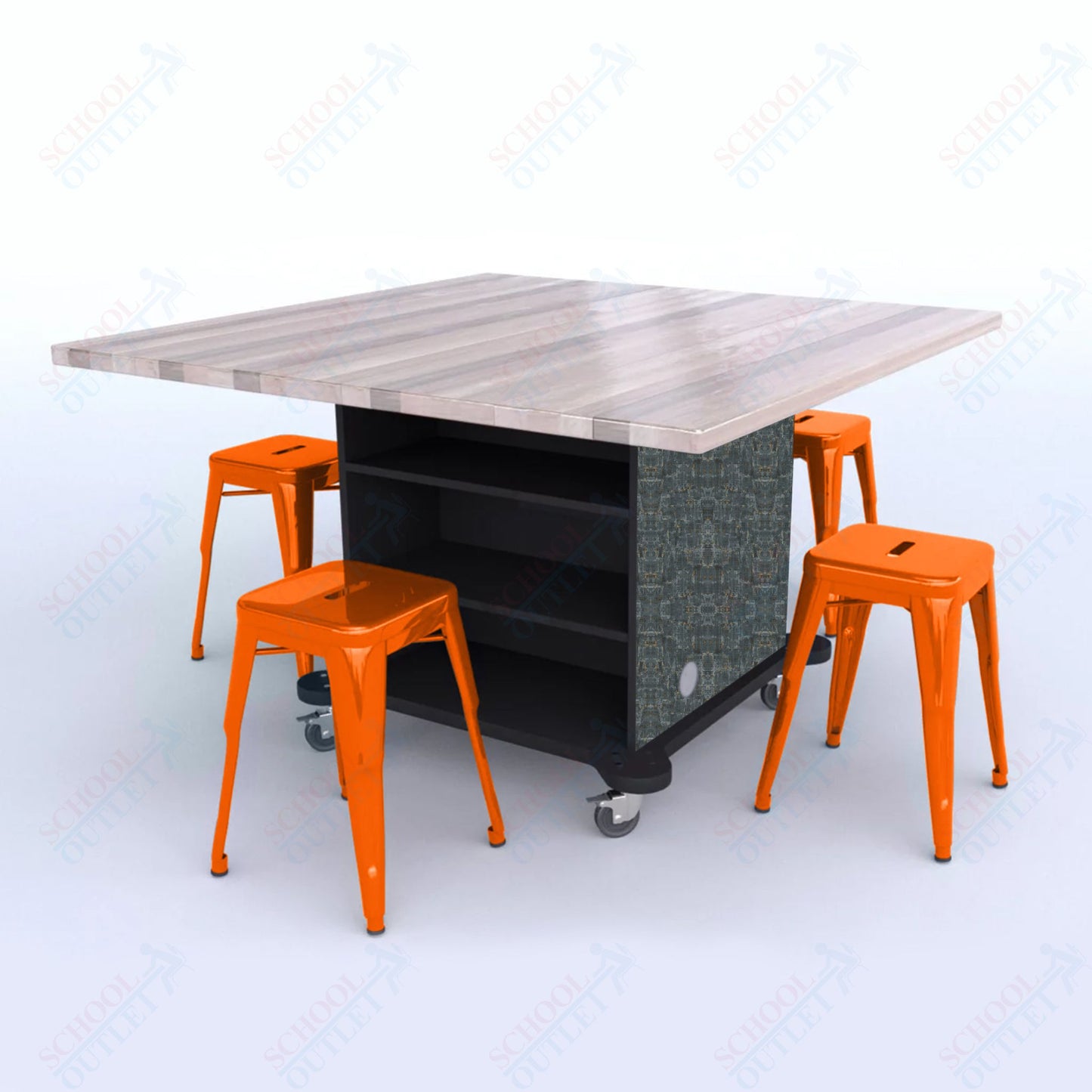 CEF Creation Cube Double-Sided Storage Table - 30"H, Square Butcher Block Top, High-Pressure Laminate Base and 4 Metal Stools Included