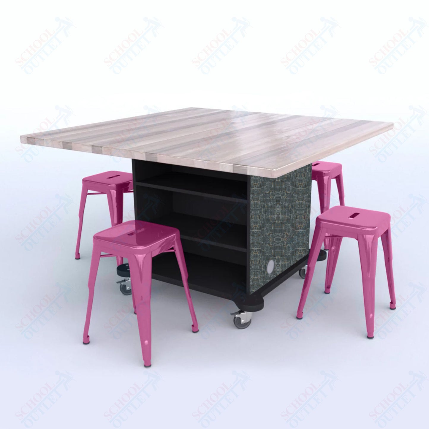 CEF Creation Cube Double-Sided Storage Table - 30"H, Square Butcher Block Top, High-Pressure Laminate Base and 4 Metal Stools Included