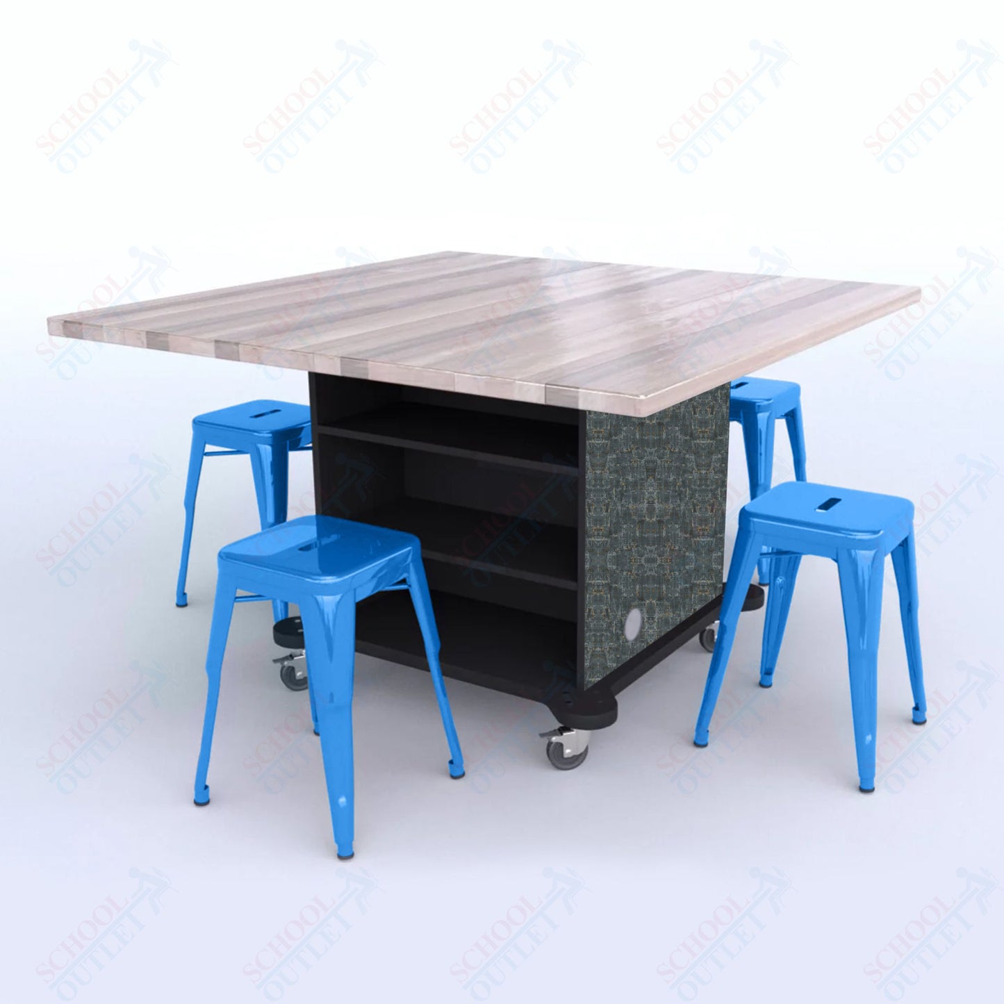 CEF Creation Cube Double-Sided Storage Table - 30"H, Square Butcher Block Top, High-Pressure Laminate Base and 4 Metal Stools Included
