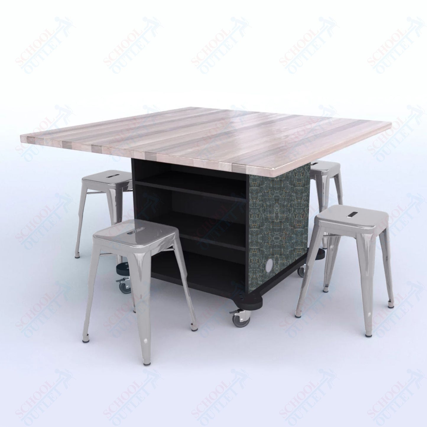 CEF Creation Cube Double-Sided Storage Table - 30"H, Square Butcher Block Top, High-Pressure Laminate Base and 4 Metal Stools Included