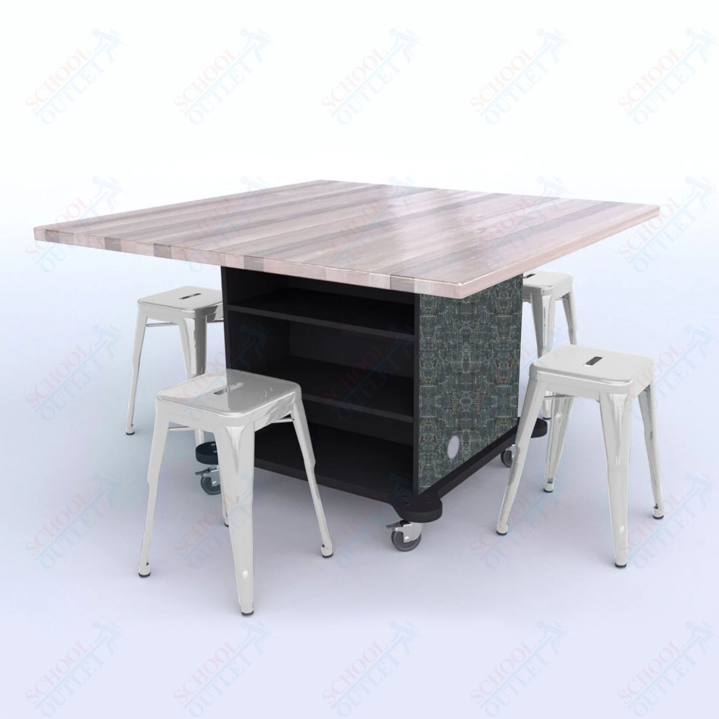 CEF Creation Cube Double-Sided Storage Table - 30"H, Square Butcher Block Top, High-Pressure Laminate Base and 4 Metal Stools Included