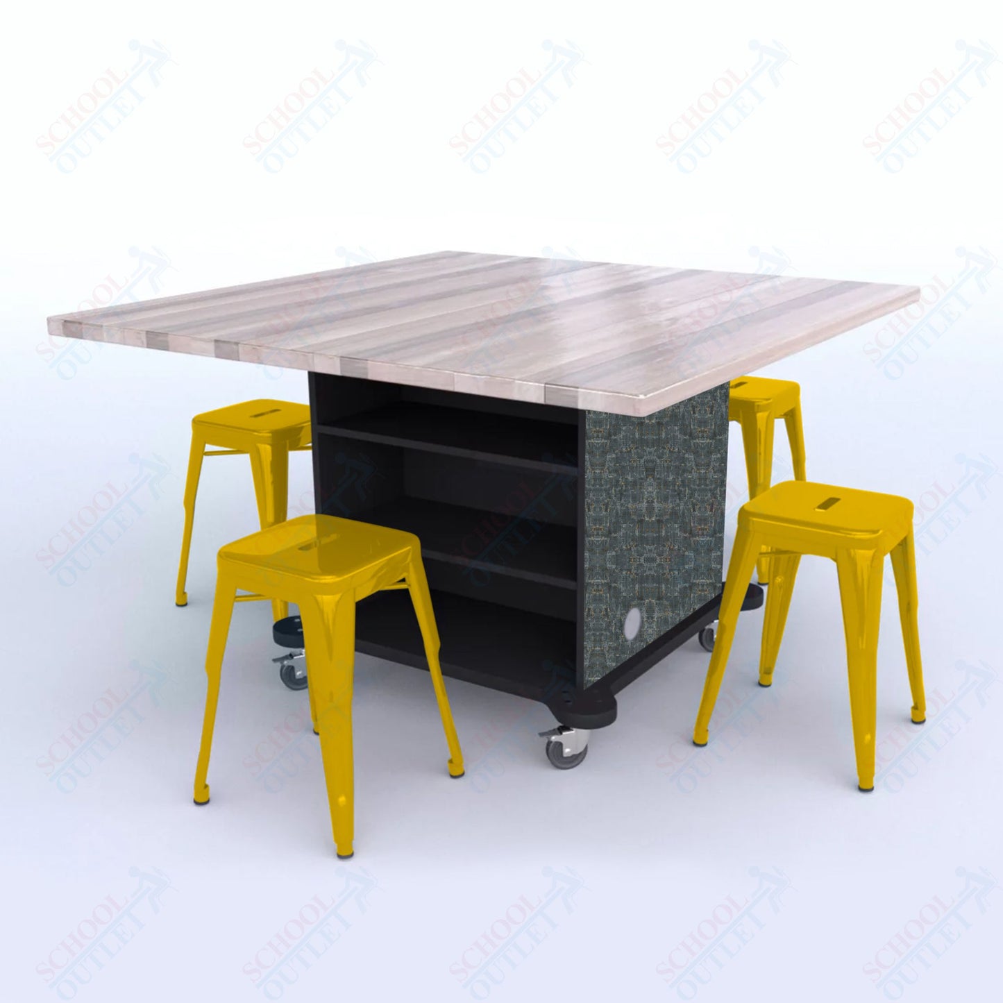 CEF Creation Cube Double-Sided Storage Table - 30"H, Square Butcher Block Top, High-Pressure Laminate Base and 4 Metal Stools Included