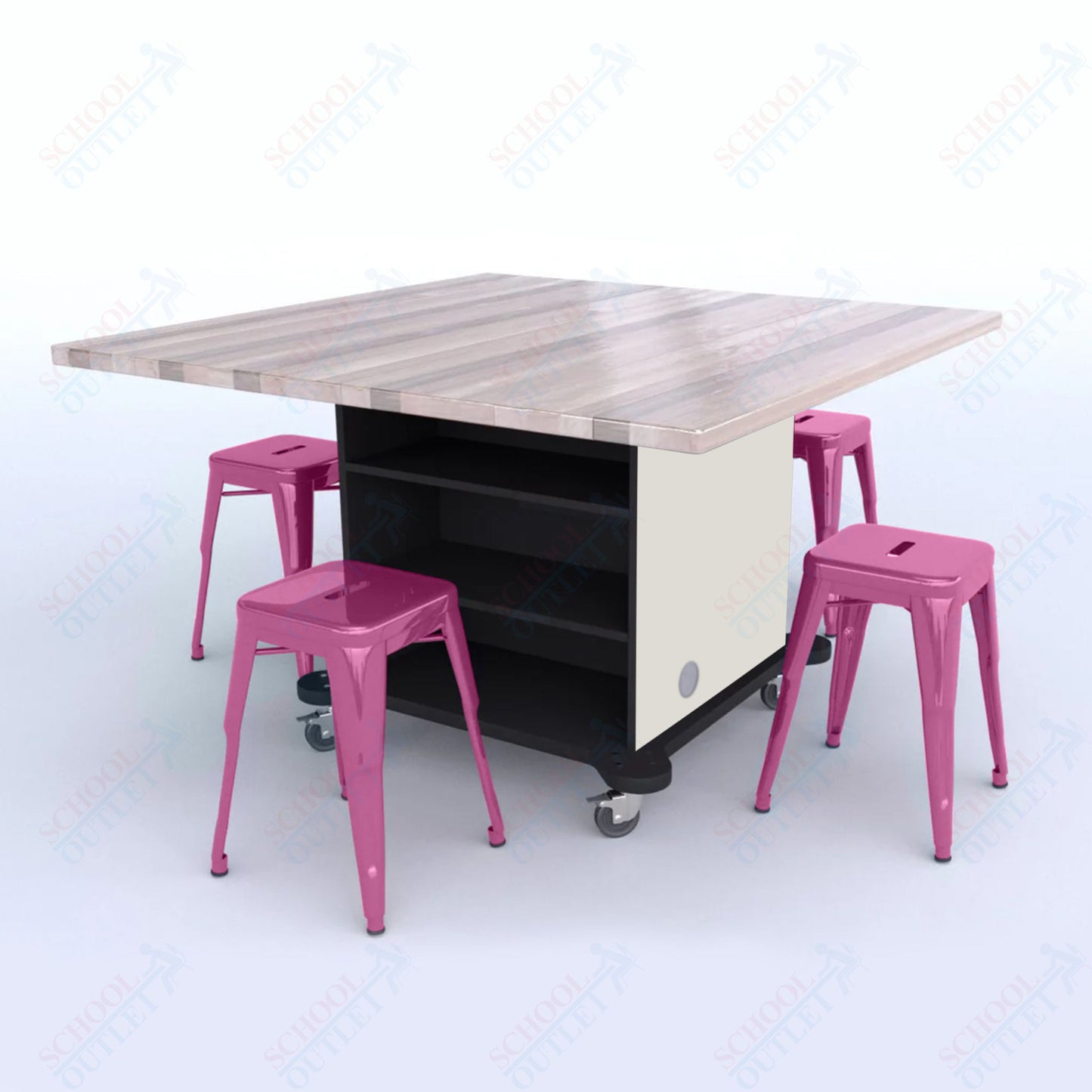 CEF Creation Cube Double-Sided Storage Table - 30"H, Square Butcher Block Top, High-Pressure Laminate Base and 4 Metal Stools Included