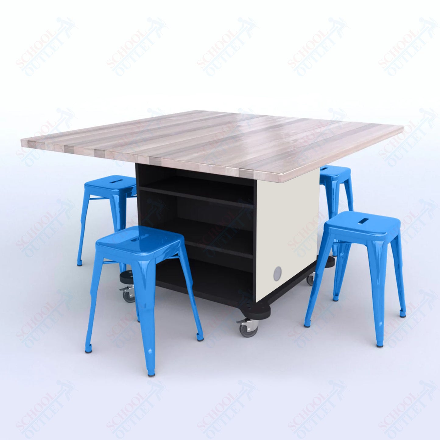 CEF Creation Cube Double-Sided Storage Table - 30"H, Square Butcher Block Top, High-Pressure Laminate Base and 4 Metal Stools Included