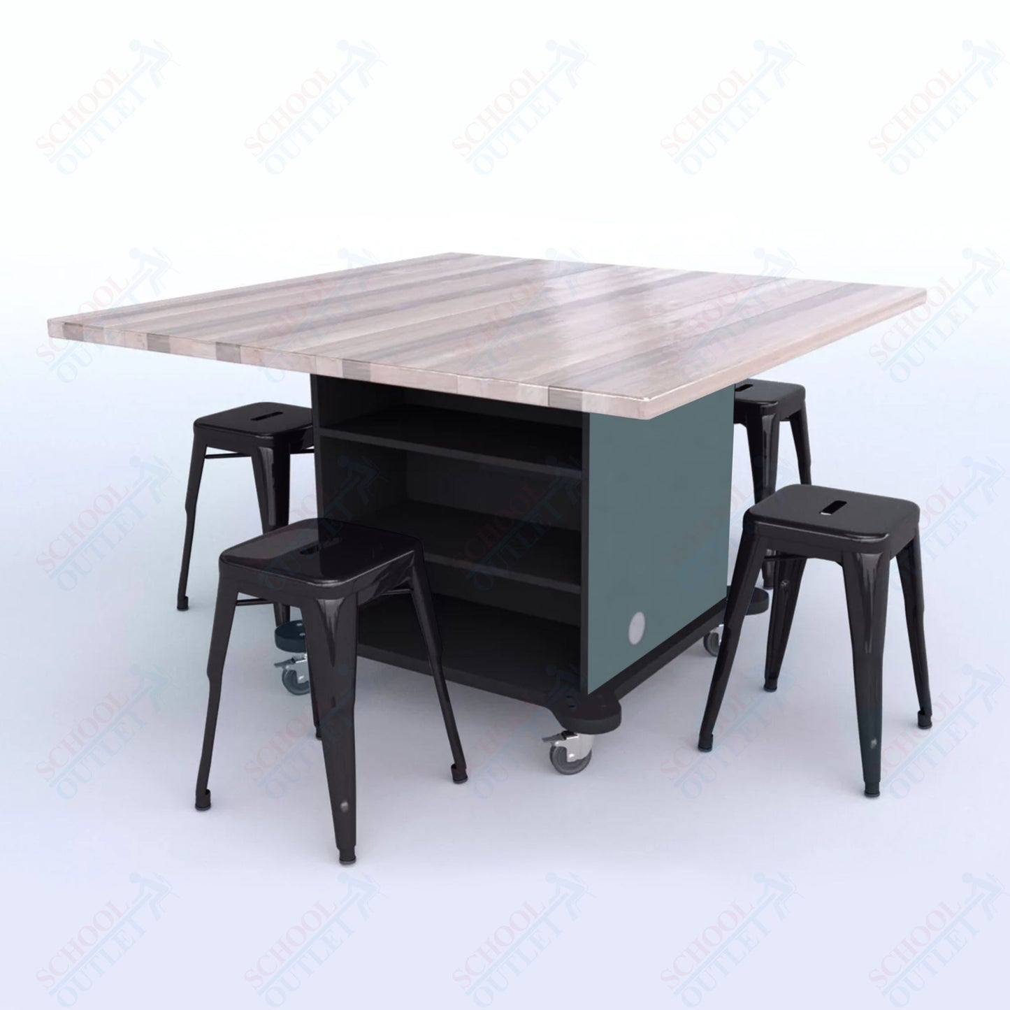 CEF Creation Cube Double-Sided Storage Table - 30"H, Square Butcher Block Top, High-Pressure Laminate Base and 4 Metal Stools Included