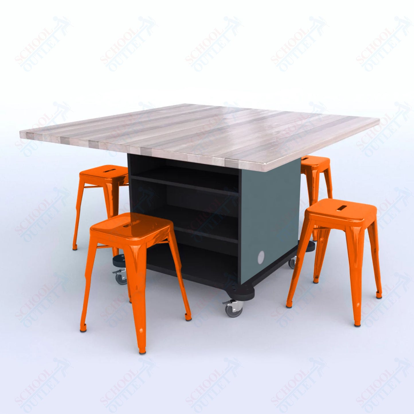 CEF Creation Cube Double-Sided Storage Table - 30"H, Square Butcher Block Top, High-Pressure Laminate Base and 4 Metal Stools Included