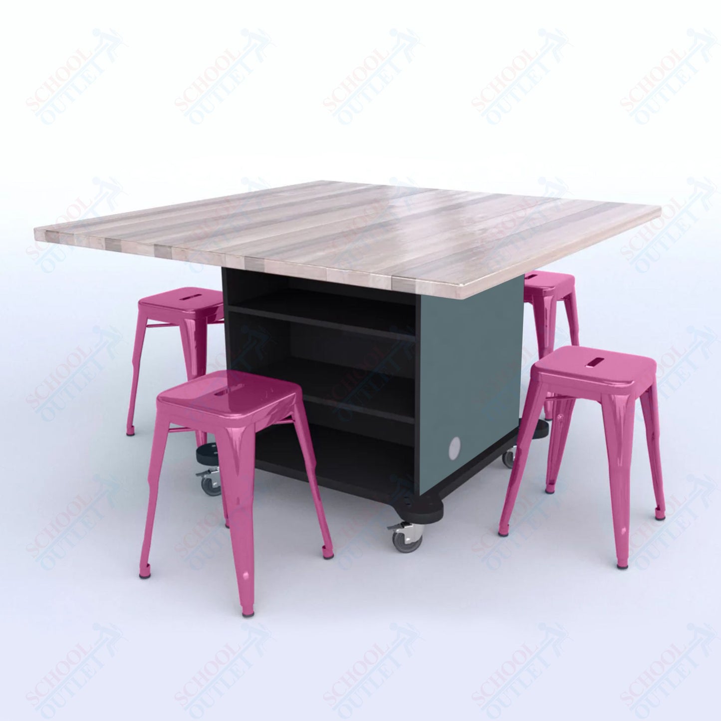 CEF Creation Cube Double-Sided Storage Table - 30"H, Square Butcher Block Top, High-Pressure Laminate Base and 4 Metal Stools Included