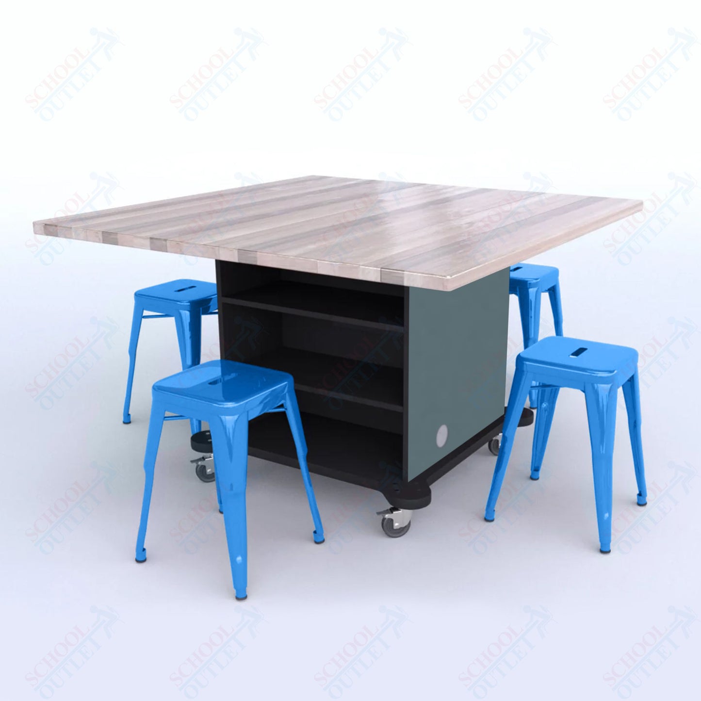 CEF Creation Cube Double-Sided Storage Table - 30"H, Square Butcher Block Top, High-Pressure Laminate Base and 4 Metal Stools Included