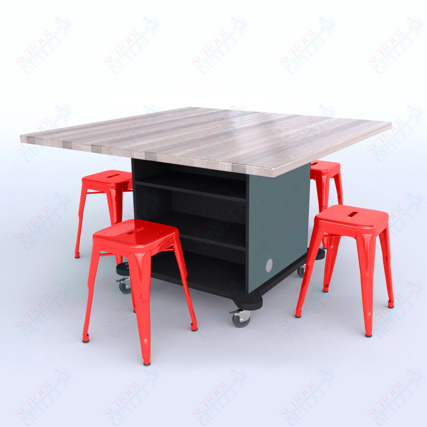 CEF Creation Cube Double-Sided Storage Table - 30"H, Square Butcher Block Top, High-Pressure Laminate Base and 4 Metal Stools Included