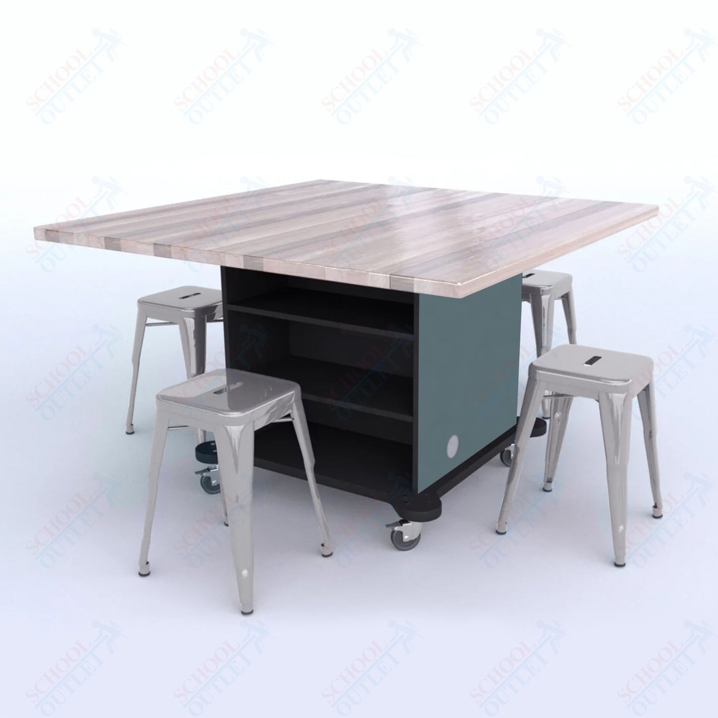 CEF Creation Cube Double-Sided Storage Table - 30"H, Square Butcher Block Top, High-Pressure Laminate Base and 4 Metal Stools Included