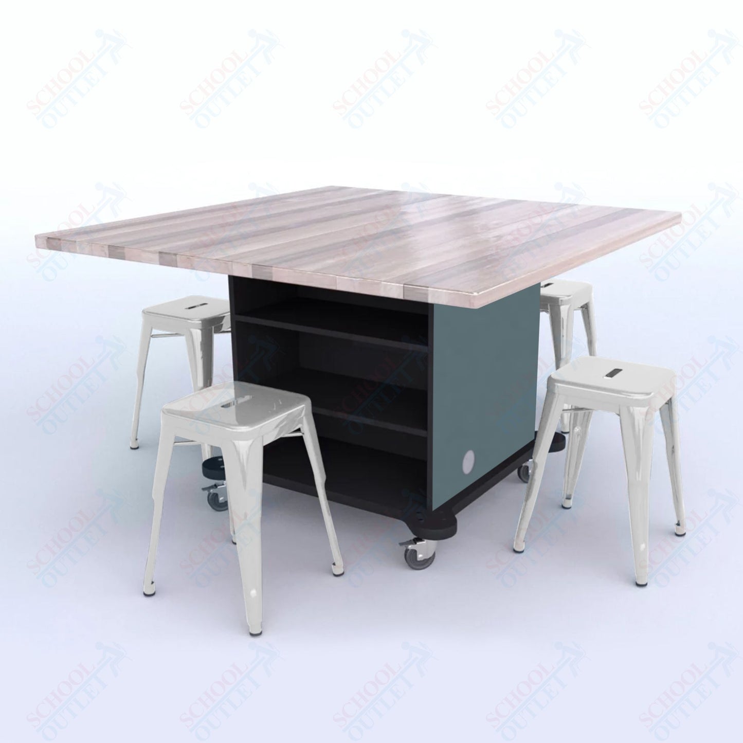 CEF Creation Cube Double-Sided Storage Table - 30"H, Square Butcher Block Top, High-Pressure Laminate Base and 4 Metal Stools Included