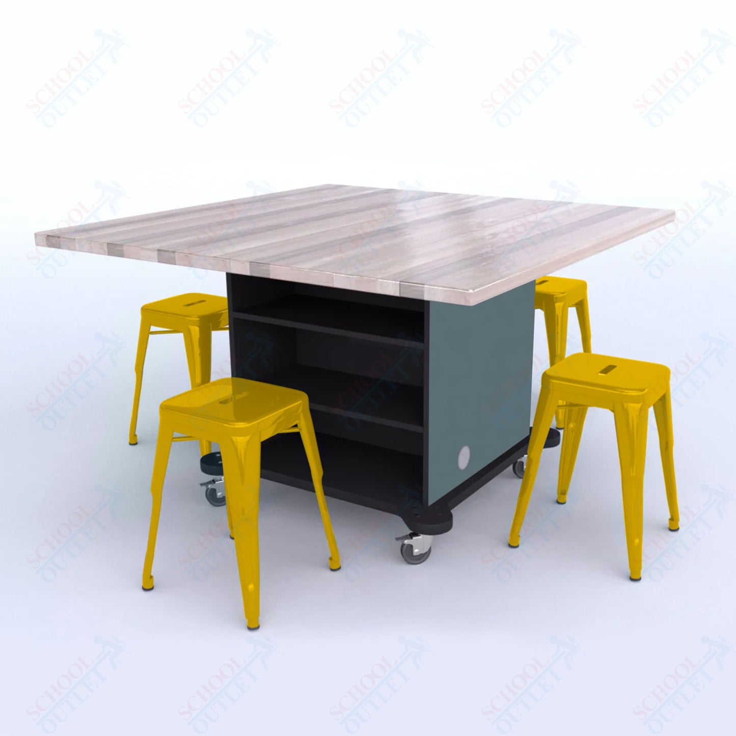CEF Creation Cube Double-Sided Storage Table - 30"H, Square Butcher Block Top, High-Pressure Laminate Base and 4 Metal Stools Included
