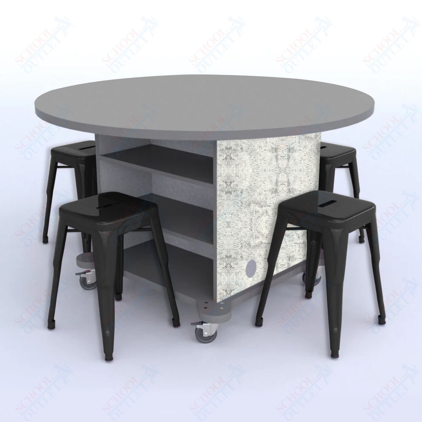 CEF Creation Cube Double-Sided Storage Table - 30"H, High-Pressure Laminate Base and Round Top - 4 Metal Stools Included
