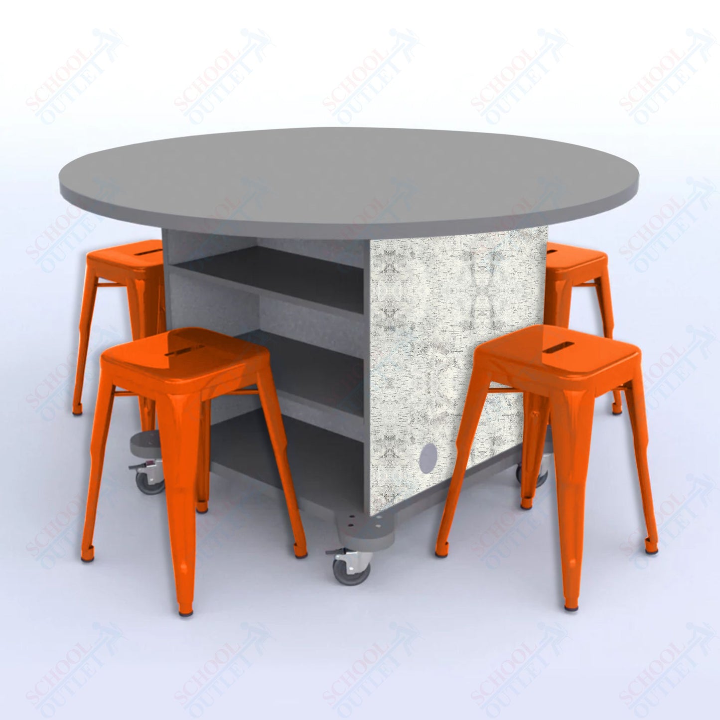 CEF Creation Cube Double-Sided Storage Table - 30"H, High-Pressure Laminate Base and Round Top - 4 Metal Stools Included